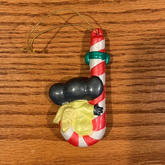 VINTAGE HANDMADE CERAMIC CHRISTMAS ORNAMENT, MOUSE HANGING ON A CANDY CANE - Picture 2 of 4